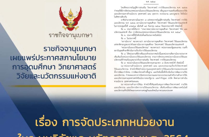 ประกาศสภานโยบายการอุดมศึกษา วิทยาศาสตร์ วิจัยและนวัตกรรมแห่งชาติ เรื่อง การจัดประเภทหน่วยงานในระบบวิ…